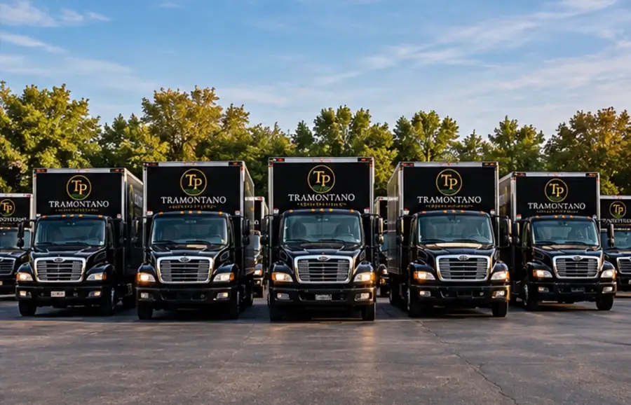 Five black Tramontano Provisions trucks with the gold TP logo parked side by side, seen from the front